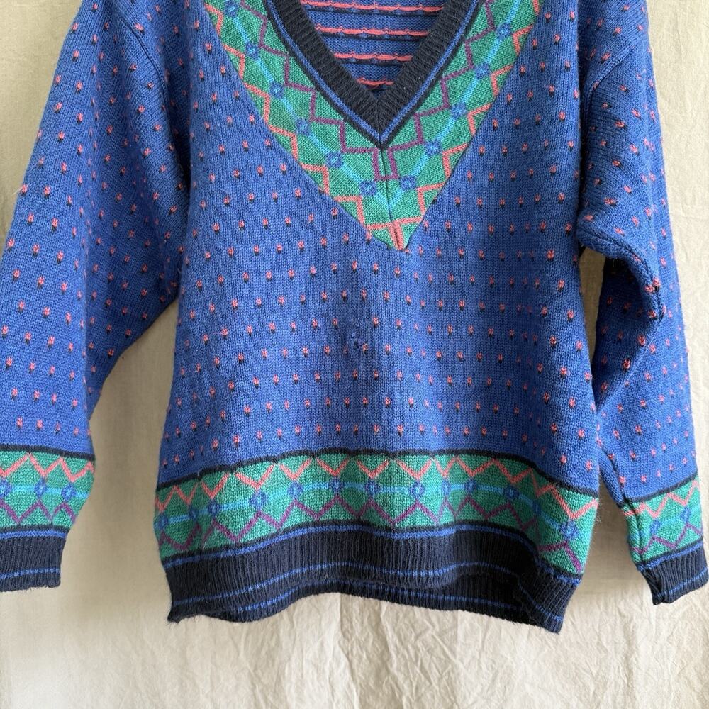 Vintage 80s Beldoch‎ Popper Women’s V-Neck Sweater Blue Green Geometric Size M - Picture 3 of 12